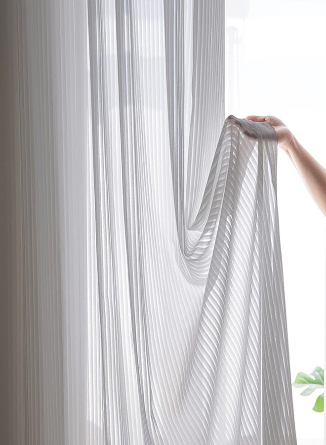 SUOUO Grey Chiffon Striped Semi Sheer Curtains for Living Room Light Filtering Solid Voile Window Drapes for Bedroom 2 Panels 84 inches Long Rod Pocket - Image 1